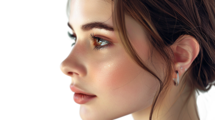 A serene and elegant woman's profile close-up with subtle makeup and brown hair pulled back, showcasing her facial features against a plain white background