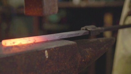 Glowing metal rod hammered on anvil in workshop