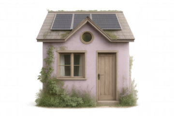 3d rendering of a pink tiny house with solar panels on a transparent background, promoting sustainable and eco-friendly living