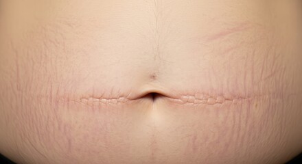 Fototapeta premium Close-up of abdomen with surgical scar showcasing cesarean section mark on skin texture