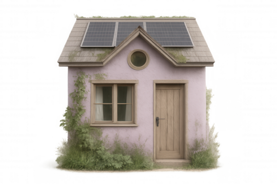 3d rendering of a pink tiny house with solar panels on a transparent background, promoting sustainable and eco-friendly living