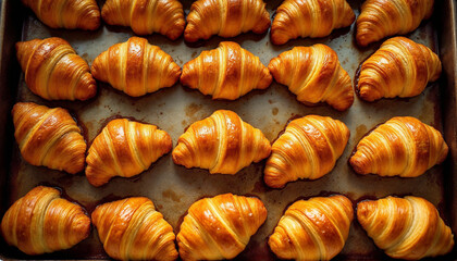 Tray of freshly baked golden-brown croissants with flaky texture
