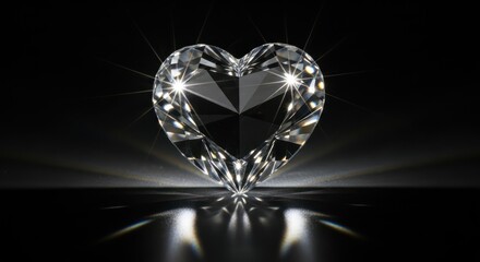 Diamond heart radiating brilliance on a dark reflective surface radiating beauty