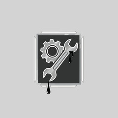 Mechanical repair service icon with wrench and gear oil drops.