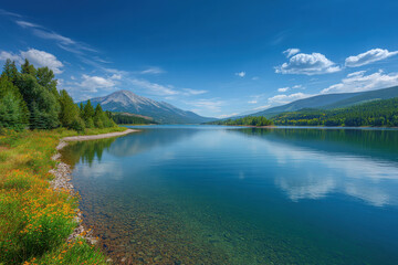 Fototapeta premium experience breathtaking beauty of alberta mountain lakes on hot summer day with crystalclear water reflecting