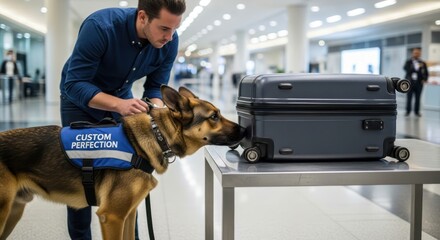 Dog's keen nose ensures baggage safety at the airport inspection checkpoint with handler present