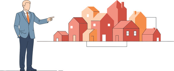 Realtor presenting a new housing development, showcasing diverse homes.