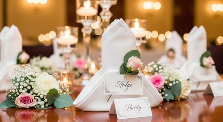 Elegant wedding table setting with floral arrangements and personalized place cards presents