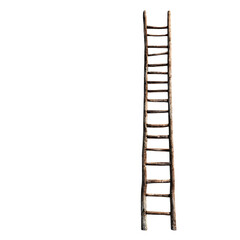 A rustic wooden ladder with weathered rungs stands tall isolated on transparent background