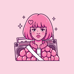 Stylish young woman with pink bob haircut and puffer jacket holding a boombox.