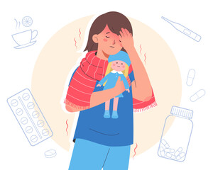 Girl with high temperature and fever feeling hot.  Child with cold flu symptoms. Health care concept. Flat vector illustration 