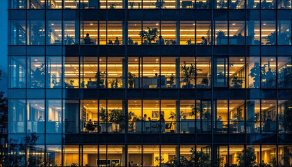 Close-up of a modern office building at night.	
