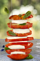 Sliced tomato and mozzarella cheese piled on a ceramic dish with olive oil and basil leaves.