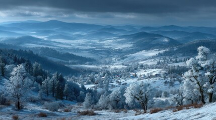 Serene winter landscape with snow-covered hills, frosty trees, and a distant village under cloudy skies