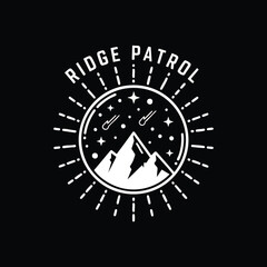 Ridge Patrol logo with mountains and stars perfect for outdoor adventures and travel.