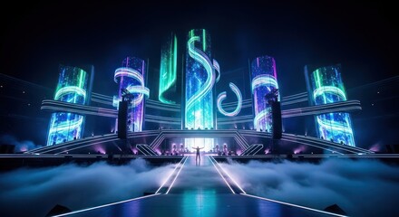 Futuristic concert stage illuminated with vibrant neon lights and special effects a breathtaking