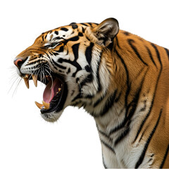 Naklejka premium A high-resolution PNG of a roaring Bengal tiger in side profile with mouth open and sharp teeth, isolated on white.