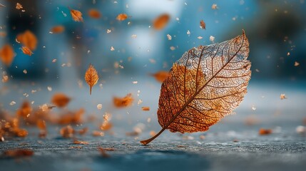 A delicate leaf floats through the air, surrounded by smaller, swirling leaves, capturing the essence of autumn in a vibrant, serene environment.