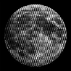 Moon with realistic detailed rugged surface texture in contrast halftone dot effect pattern. Grunge black and white styled dotwork. Pointillism. Noisy grainy shading using dots. Vector illustration © 3d_kot
