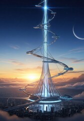 Fototapeta premium Futuristic skyscraper with a glowing spire reaching into the clouds