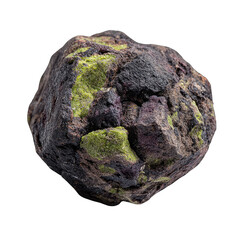 Close-up of a rounded, dark rock specimen.  Patches of vibrant green mineral are visible, embedded within a dark-purple/grey matrix.  A slightly irregular, almost bumpy surface texture is apparent