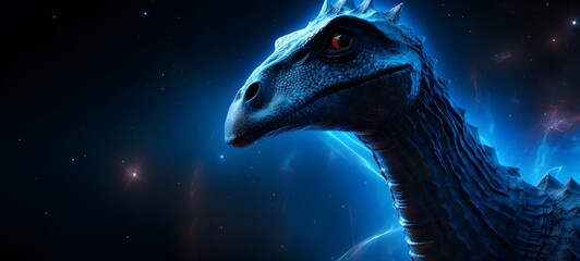 The black background contrasts sharply with the bright blue diamonds light emitted by the Brontosaurus,generative AI