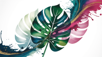 Tropical Leaves Silhouette with Watercolor Ink Abstract white Background.Hand drawn leaf and flower isolated elements.