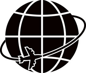 Silhouette vector of globe with airplane icon on white. Plane over the globe silhouette. Travel icon. World tourism day illustration with airplane flying around the globe