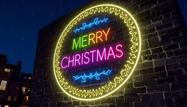 Vibrant neon Merry Christmas sign illuminates a dark brick building at night.