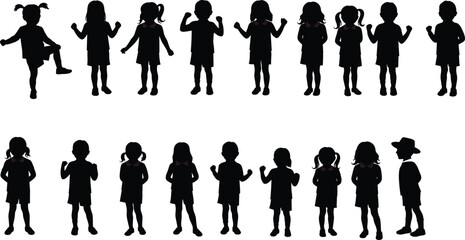 Silhouettes of diverse children standing and posing, showcasing childhood joy, friendship, unity, and playful expressions in vector illustration.