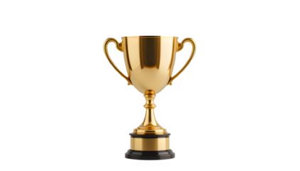 Golden trophy award cup isolated on Transparent Png background, shiny metallic surface