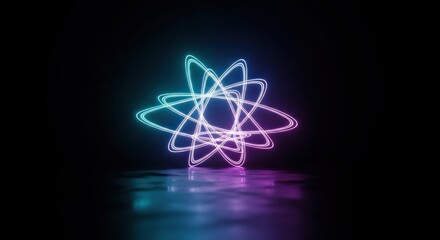 Luminous atom illustration with radiant blue and magenta hues, standing on a reflective surface
