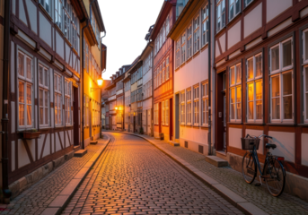 Quiet cobblestone street in old European town at dusk isolated PNG with Transparent Background
