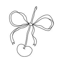 Coquette doodle cherry with a delicate bow ribbon, hand-drawn in black on white. Whimsical and feminine, perfect for wedding decor, branding. Charming, elegant, and versatile. Vector illustration