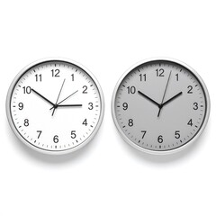 Two identical modern wall clocks, one light gray and one white, display the same time against a plain white background, showcasing a simple, minimalist design.