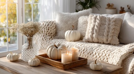 A cozy autumn living room with white pumpkins, candles, and textured cushions, creating a warm, inviting atmosphere.