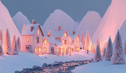 Snowy mountain village at twilight. Soft light illuminates pastel-colored houses nestled in a valley, surrounded by snow-covered peaks and fir trees
