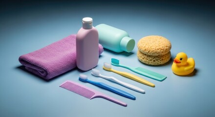 Baby bath and hygiene essentials.  Colorful bottles, toothbrushes, comb, sponge, and towel arranged on a pastel blue background