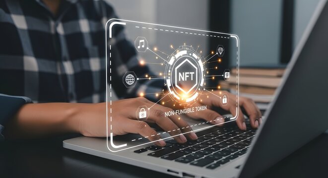 Exploring nft marketplace digital assets investing in non fungible tokens on laptop computer - Powered by Adobe