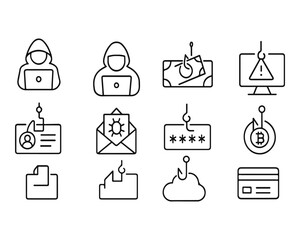 Fototapeta premium Set of outline icons related to scam, phishing. Linear icon collection