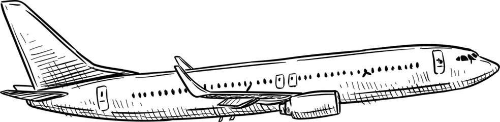 Hand drawing airplane in the sky. Hand-drawn sketch of a passenger airplane in flight with detailed design. Vector retro hand drawn illustration. Cargo plane