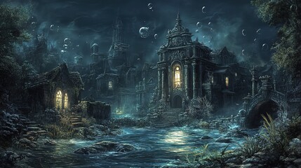 Fantasy - themed Mysterious Village by the River at Night with Bubbles