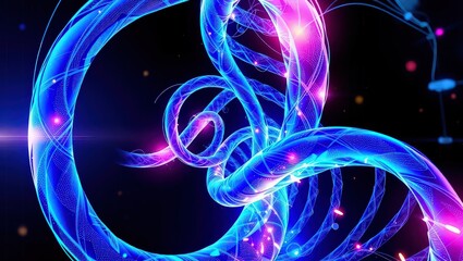 Abstract rendering of intertwined blue and purple strands against a dark background with light effects