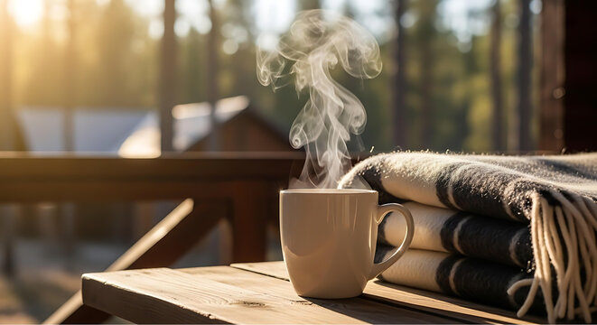 Cozy cabin porch closeup, steaming ceramic mug on rustic wooden table, wool blanket, pine bokeh, warm morning light, horizontal, no people