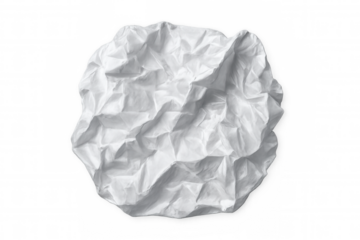 Crumpled white paper ball floating on transparent backdrop, representing creative struggle, discarded idea, failed attempt
