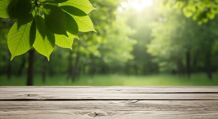 Fototapeta premium Spring background with green leaves and wooden table for product display in nature scene view