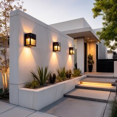 Modern home exterior, lit by square wall sconces