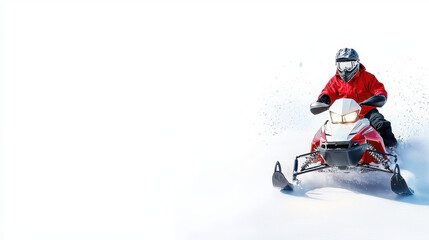 Naklejka premium Snowmobile rider in red jacket speeding through snow, showcasing excitement and adventure in winter sports