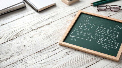 Chalkboard with mathematical equations, notebooks, and glasses on wooden table creates studious atmosphere
