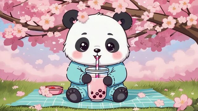 Cute panda enjoying boba tea picnic under cherry blossom tree animation video loop, joyful
